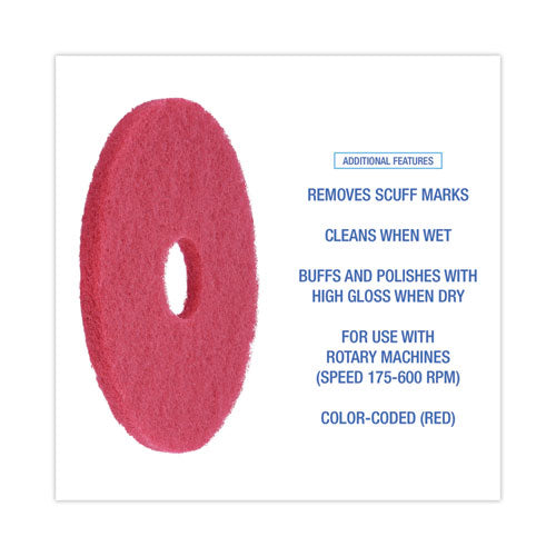 Buffing Floor Pads, 16" Diameter, Red, 5/carton