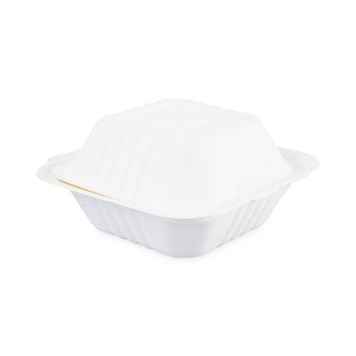 Bagasse Food Containers, Hinged-lid, 1-compartment 6 X 6 X 3.19, White, Sugarcane, 125/sleeve, 4 Sleeves/carton