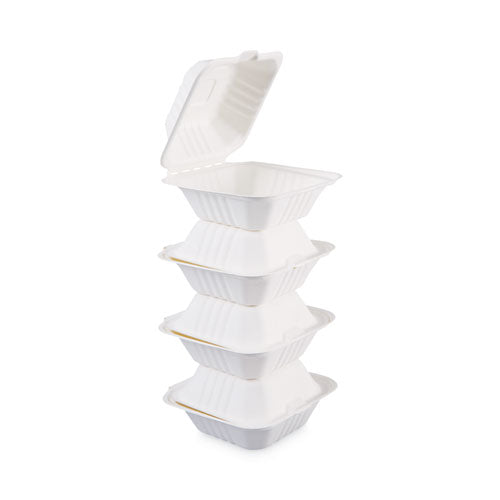 Bagasse Food Containers, Hinged-lid, 1-compartment 6 X 6 X 3.19, White, Sugarcane, 125/sleeve, 4 Sleeves/carton