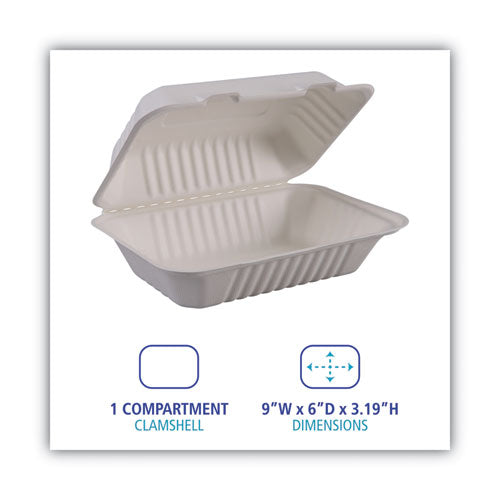 Bagasse Food Containers, Hinged-lid, 1-compartment 9 X 6 X 3.19, White, Sugarcane, 125/sleeve, 2 Sleeves/carton