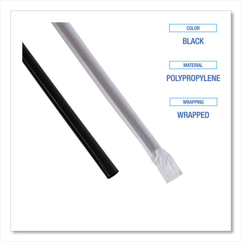 Wrapped Jumbo Straws, 7.75", Polypropylene, Black, 250/pack, 50 Packs/carton