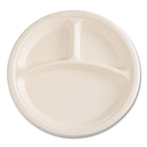 Bagasse Pfas-free Dinnerware, 3-compartment Plate, 10" Dia, Tan, 500/carton