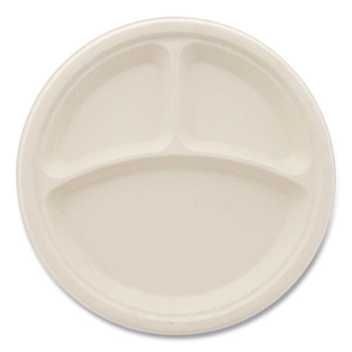 Bagasse Pfas-free Dinnerware, 3-compartment Plate, 10" Dia, Tan, 500/carton