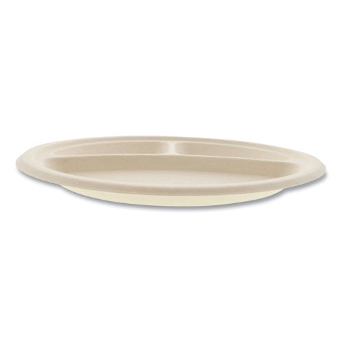 Bagasse Pfas-free Dinnerware, 3-compartment Plate, 10" Dia, Tan, 500/carton