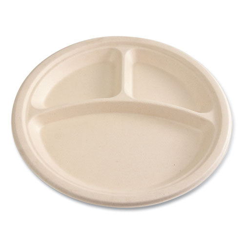 Bagasse Pfas-free Dinnerware, 3-compartment Plate, 10" Dia, Tan, 500/carton