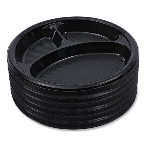 Hi-impact Plastic Dinnerware, 3-compartment Plate, 10" Dia, Black, 125/sleeve, 4 Sleeves/carton