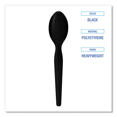 Heavyweight Polystyrene Cutlery, Teaspoon, Black, 1000/carton