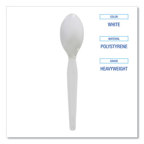 Heavyweight Polystyrene Cutlery, Teaspoon, White, 1000/carton