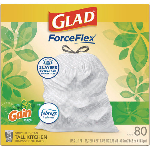 Forceflex Kitchen Drawstring Trash Bags, 13 Gal, Gain Original Scent, 24" X 27.38", White, 80/box