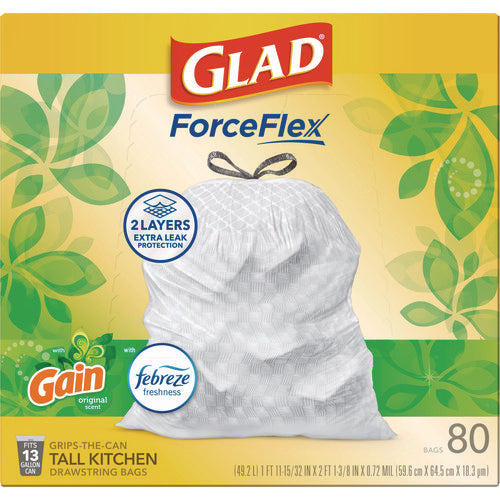 Forceflex Kitchen Drawstring Trash Bags, 13 Gal, Gain Original Scent, 24" X 27.38", White, 80/box