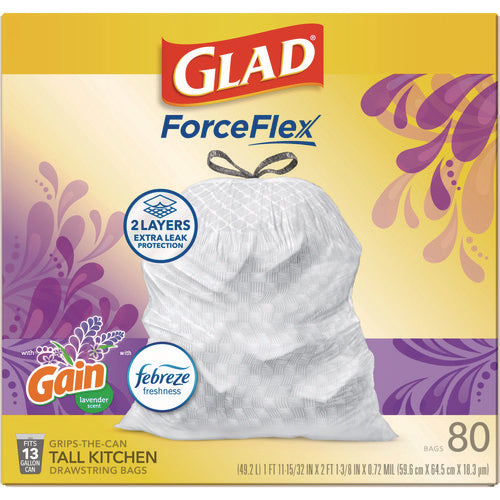 Forceflex Kitchen Drawstring Trash Bags, 13 Gal, Lavender Breeze Scent, 24" X 27.38", White, 80/box