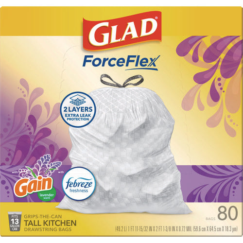 Forceflex Kitchen Drawstring Trash Bags, 13 Gal, Lavender Breeze Scent, 24" X 27.38", White, 80/box