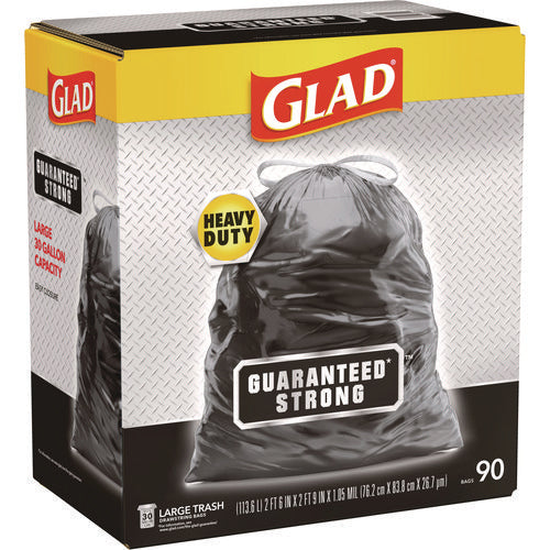 Guaranteed Strong Large Drawstring Trash Bags, Three-ply, 30 Gal, 1.05 Mil, 30" X 33", Black, 90/carton