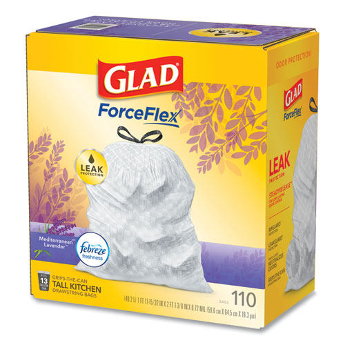 Glad Odorshield With Febreze, Drawstring, 13 Gal, Mediterranean Lavender Scent, 10.18" X 9.81", White, 110/box