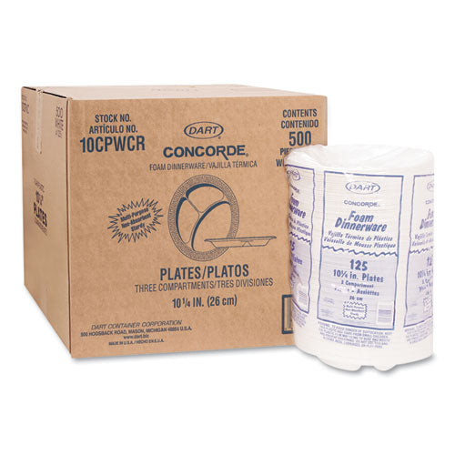 Concorde Foam Plate, 3-compartment Plate, 10.25" Dia, White, 125/pack, 4 Packs/carton