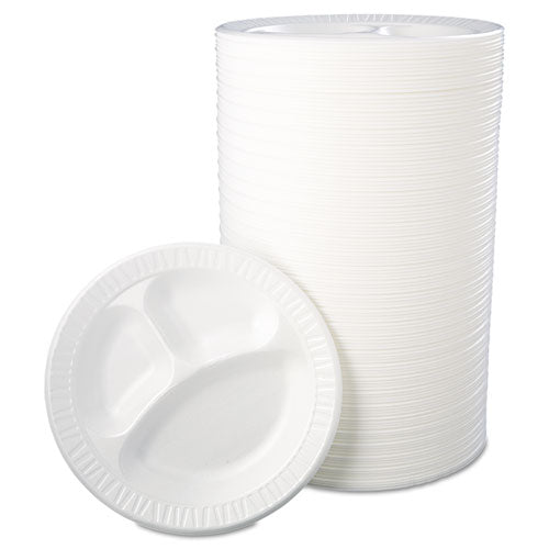 Quiet Class Laminated Foam Dinnerware, 3-compartment Plate, 10.25" Dia, White, 125/pack, 4 Packs/carton