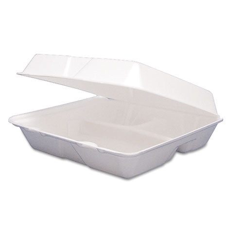 Foam Hinged Lid Containers, 3-compartment, 9.25 X 9.5 X 3, White, 200/carton