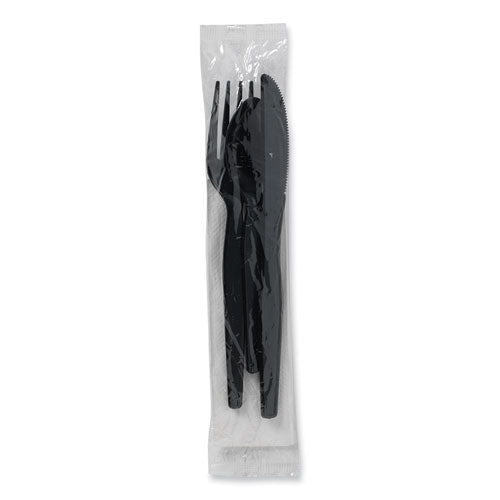 Individually Wrapped Heavyweight Cutlery Set, Fork/knife/napkin/spoon, Plastic, Black, 250/carton