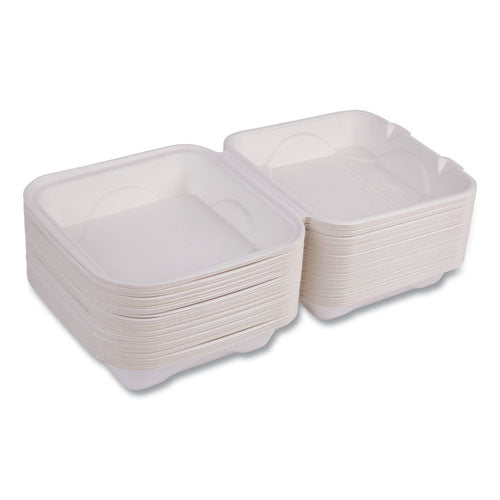 Molded Fiber Hinged Clamshell Containers, 8 X 8 X 3, White, Sugarcane, 200/carton