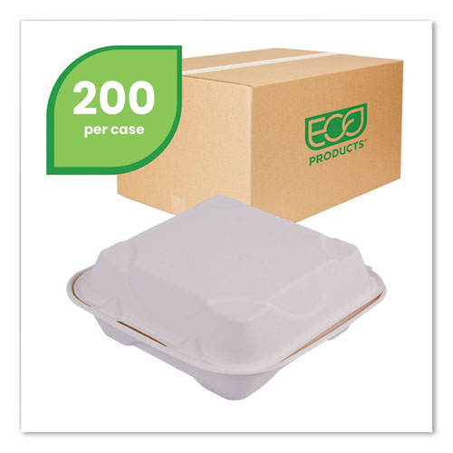 Molded Fiber Hinged Clamshell Containers, 8 X 8 X 3, White, Sugarcane, 200/carton