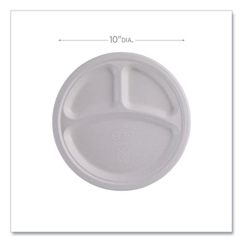 Vanguard Renewable And Compostable Sugarcane Plates, 3-compartment Plate, 10" Dia, White, 500/carton