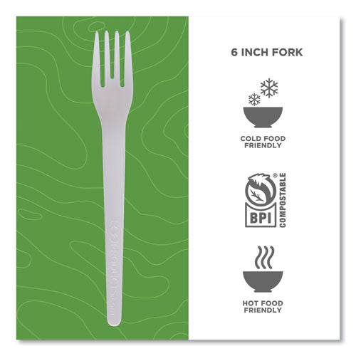 Plantware Compostable Cutlery, Fork, 6", White, 1,000/carton