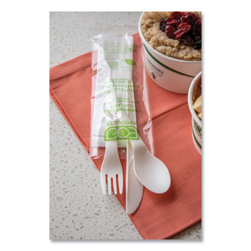 Plantware Compostable Cutlery Kit, Knife/fork/spoon/napkin, 6", Pearl White, 250 Kits/carton