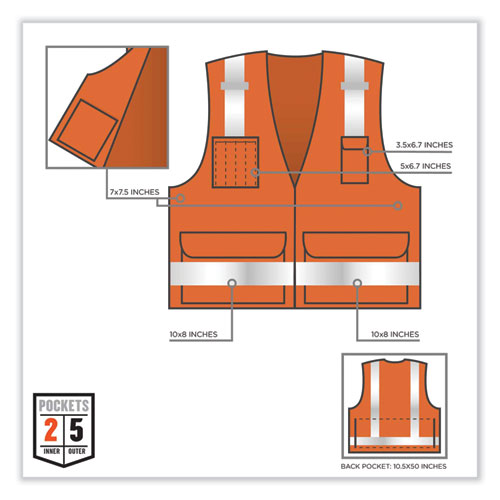 Glowear 8250z Class 2 Surveyors Zipper Vest, Polyester, 4x-large/5x-large, Orange