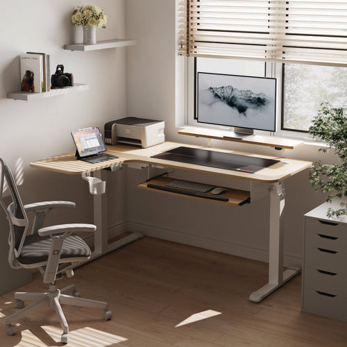 L-shaped Standing Desk With Keyboard Tray, Left Desk, 61.25" X 43.25" X 34.38" To 52.88", Maple White/white