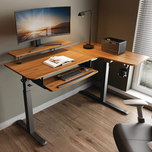 L-shaped Standing Desk With Keyboard Tray, Right Desk, 61.25" X 43.25" X 34.38" To 52.88", Walnut/black