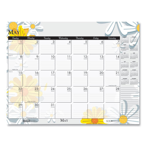 Recycled Desk Pad Calendar, Wild Flowers Artwork, 18.5 X 13, White Sheets, Black Binding/corners,12-month (jan-dec): 2025