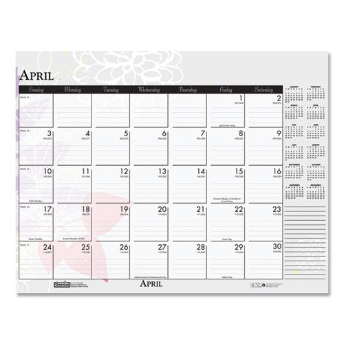 Recycled Desk Pad Calendar, Wild Flowers Artwork, 18.5 X 13, White Sheets, Black Binding/corners,12-month (jan-dec): 2025