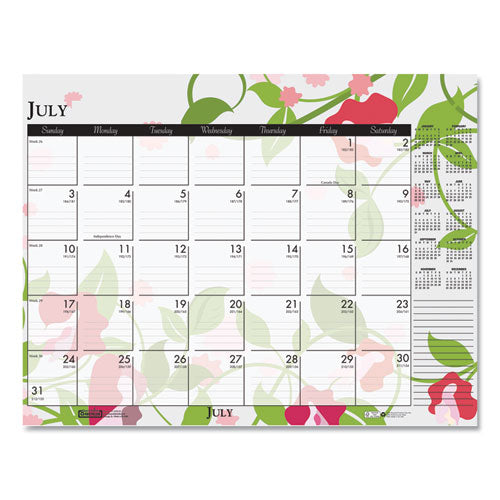 Recycled Desk Pad Calendar, Wild Flowers Artwork, 18.5 X 13, White Sheets, Black Binding/corners,12-month (jan-dec): 2025