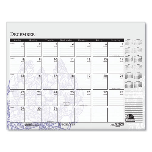 Recycled Desk Pad Calendar, Wild Flowers Artwork, 22 X 17, White Sheets, Black Binding/corners,12-month (jan-dec): 2025