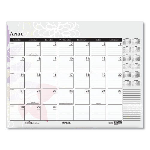 Recycled Desk Pad Calendar, Wild Flowers Artwork, 22 X 17, White Sheets, Black Binding/corners,12-month (jan-dec): 2025