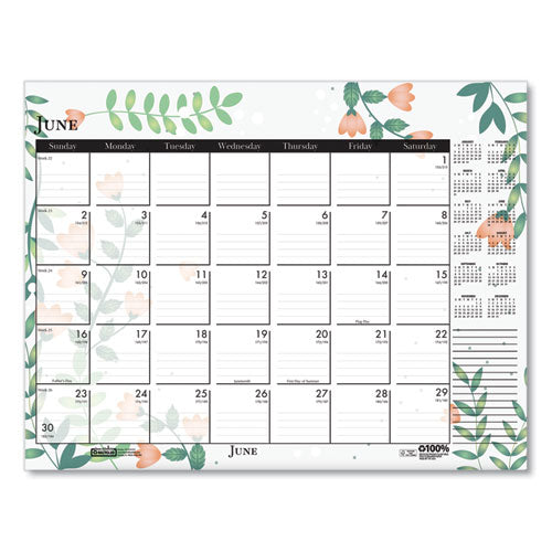 Recycled Desk Pad Calendar, Wild Flowers Artwork, 22 X 17, White Sheets, Black Binding/corners,12-month (jan-dec): 2025