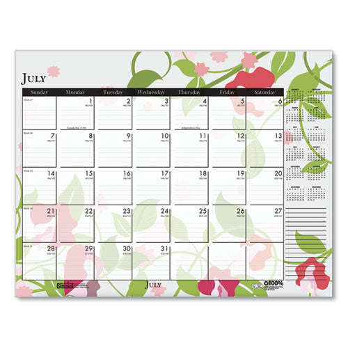 Recycled Desk Pad Calendar, Wild Flowers Artwork, 22 X 17, White Sheets, Black Binding/corners,12-month (jan-dec): 2025