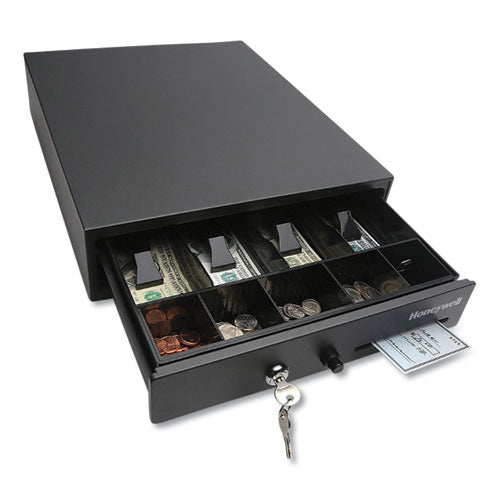 Space-saving Steel Cash Drawer, 4 Bill, 5 Coin Slots, Key Lock, 17 X 13 X 4, Black