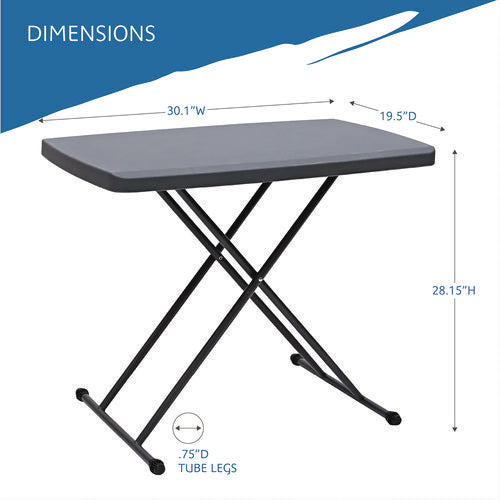 Indestructable Classic Personal Folding Table, 30" X 20" X 25" To 28", Charcoal