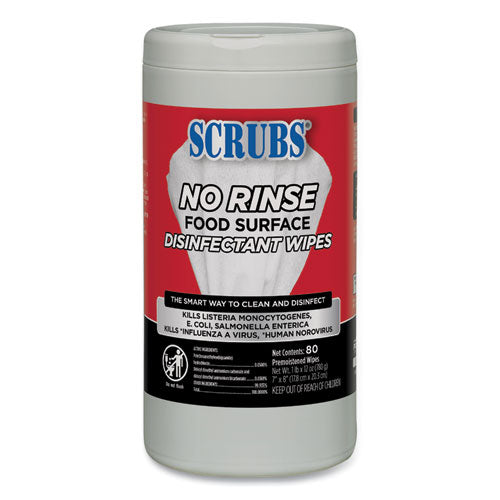 No Rinse Food Surface Disinfectant Wipes, 1-ply, 7 X 8, Unscented, White, 80/canister, 6/carton