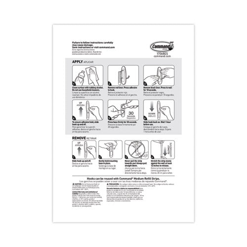 General Purpose Wire Hooks, Medium, Metal, White, 3 Lb Capacity, 2 Hooks And 4 Strips/pack