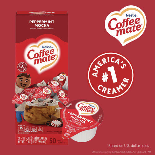 Liquid Coffee Creamer, Peppermint Mocha, 0.38 Oz Mini Cups, 50/box, 4 Boxes/carton