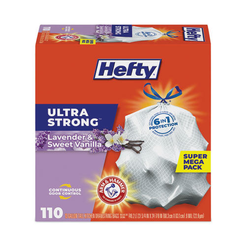 Extra Heavy-duty Ultra Strong Scented Tall Kitchen Bags, Drawstring, 13 Gal, Lavender/vanilla, 23.75 X 24.88, White, 110/box