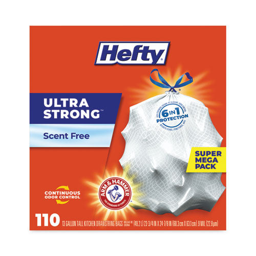 Ultra Strong Tall Kitchen Trash Bags, Drawstring, 13 Gal, 23.75" X 24.88", White, 110 Bags/box, 3 Boxes/carton