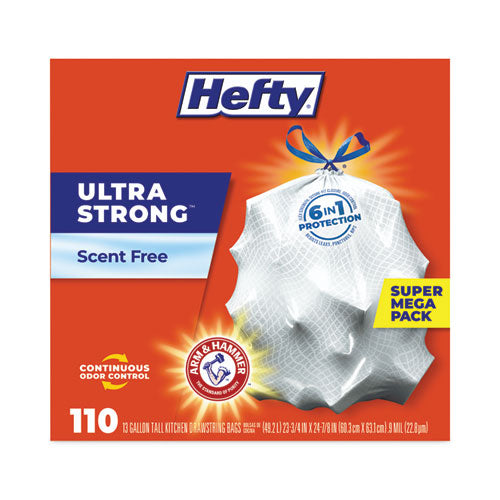 Ultra Strong Tall Kitchen Trash Bags, Drawstring, 13 Gal, 23.75" X 24.88", White, 110/box