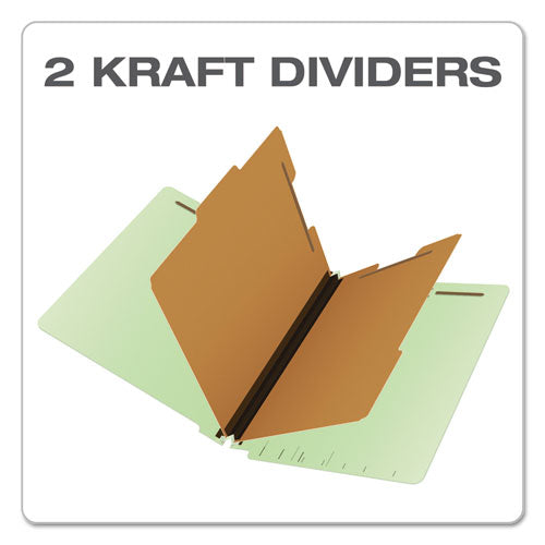 End Tab Classification Folders, 2" Expansion, 2 Dividers, 6 Fasteners, Legal Size, Pale Green Exterior, 10/box