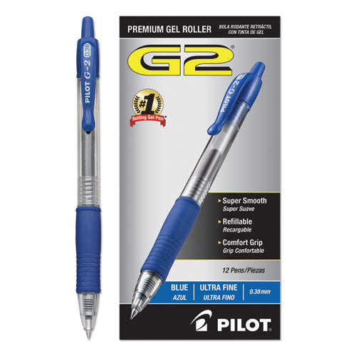 G2 Premium Gel Pen Convenience Pack, Retractable, Extra-fine 0.38 Mm, Blue Ink, Smoke/blue Barrel, Dozen