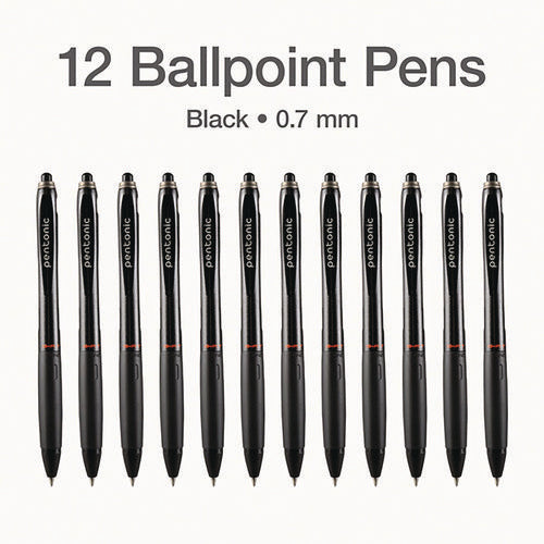 Pentonic Retractable Ballpoint Pen, Fine 0.7 Mm, Black Ink, Black Barrel, 12/pack