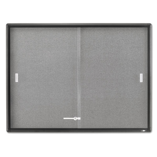 Enclosed Indoor Cork/fabric Bulletin Board With 2 Sliding Glass Doors, 48" X 36", Gray Surface, Graphite Gray Aluminum Frame