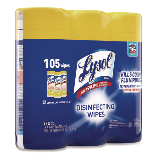 Disinfecting Wipes, 1-ply, 7 X 7.25, Lemon And Lime Blossom, White, 35 Wipes/canister, 3 Canisters/pack, 4 Packs/carton